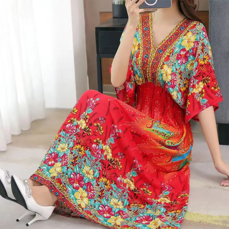 Elegant Sweet Bohemian Style V-neck Elastic Waist Loose Large Swing Flower Printed Girls Summer Dress for Woman 2023  Skirt