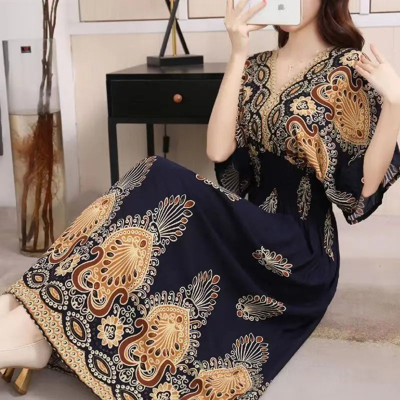 Elegant Sweet Bohemian Style V-neck Elastic Waist Loose Large Swing Flower Printed Girls Summer Dress for Woman 2023  Skirt