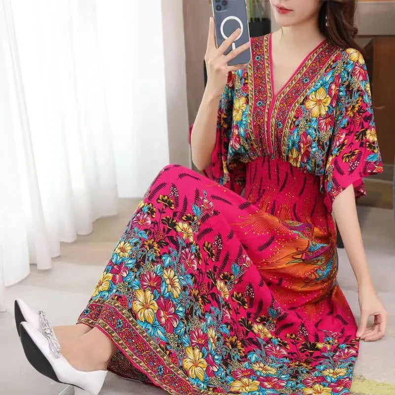 Elegant Sweet Bohemian Style V-neck Elastic Waist Loose Large Swing Flower Printed Girls Summer Dress for Woman 2023  Skirt