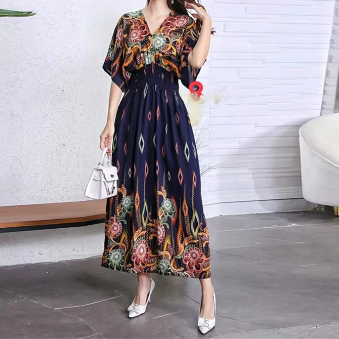 Elegant Sweet Bohemian Style V-neck Elastic Waist Loose Large Swing Flower Printed Girls Summer Dress for Woman 2023  Skirt