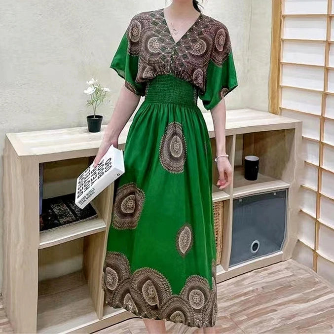 Elegant Sweet Bohemian Style V-neck Elastic Waist Loose Large Swing Flower Printed Girls Summer Dress for Woman 2023  Skirt