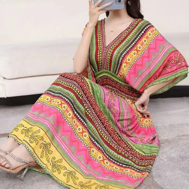 Elegant Sweet Bohemian Style V-neck Elastic Waist Loose Large Swing Flower Printed Girls Summer Dress for Woman 2023  Skirt