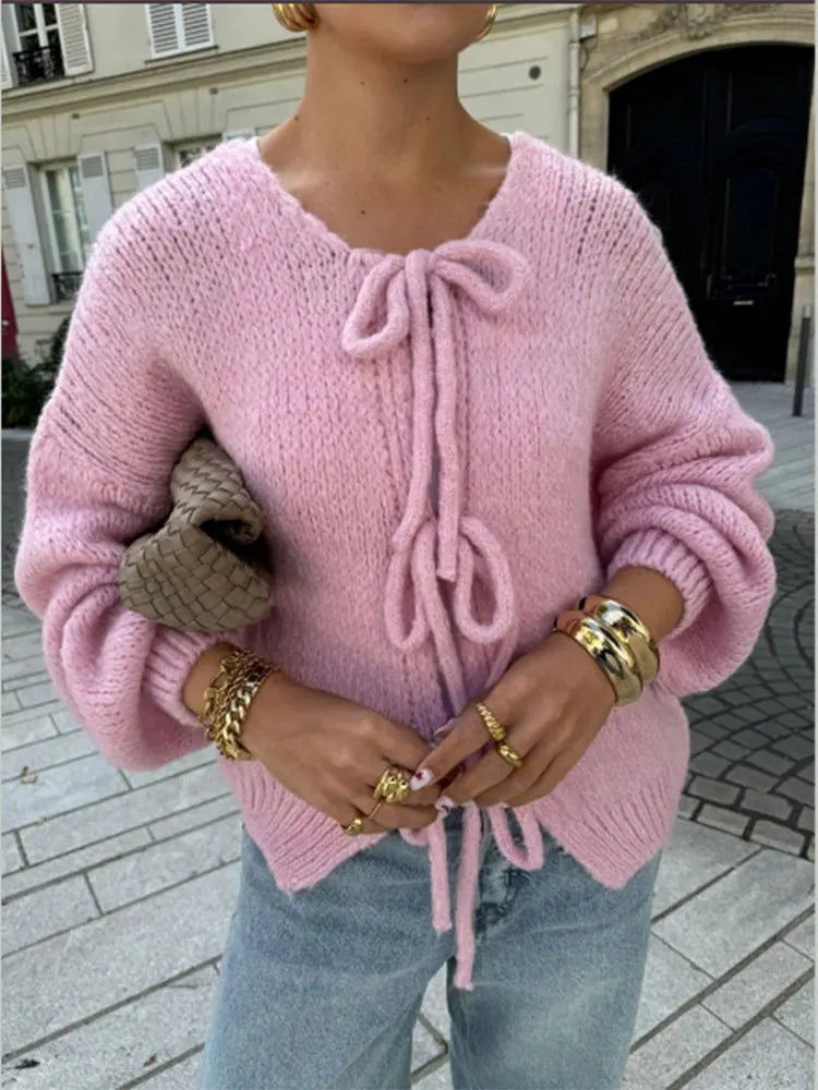 Fashion Casual Brown Lace Up Bow Knitted Cardigan O-neck Long Sleeve Hollow Out Sweater 2024 Autumn Female High Street Knitwear