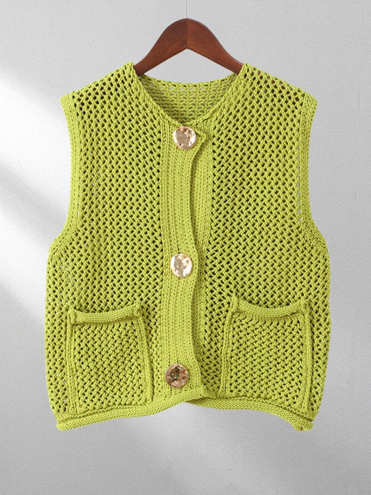 Fashion Green Round Neck Knitted Vest For Women Chic Sleeveless Button Pocket Cardigan 2024 Autumn Female Commuting Streetwear