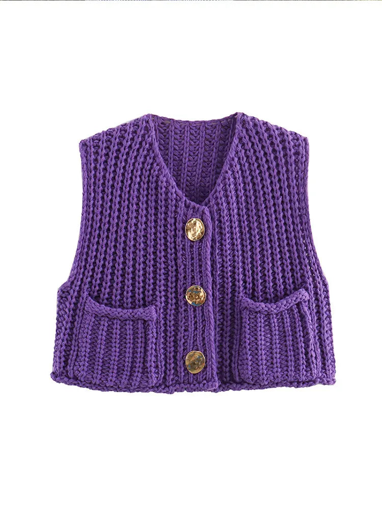 Fashion Green Round Neck Knitted Vest For Women Chic Sleeveless Button Pocket Cardigan 2024 Autumn Female Commuting Streetwear