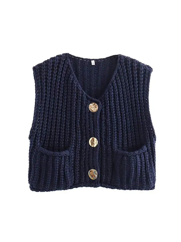 Fashion Green Round Neck Knitted Vest For Women Chic Sleeveless Button Pocket Cardigan 2024 Autumn Female Commuting Streetwear