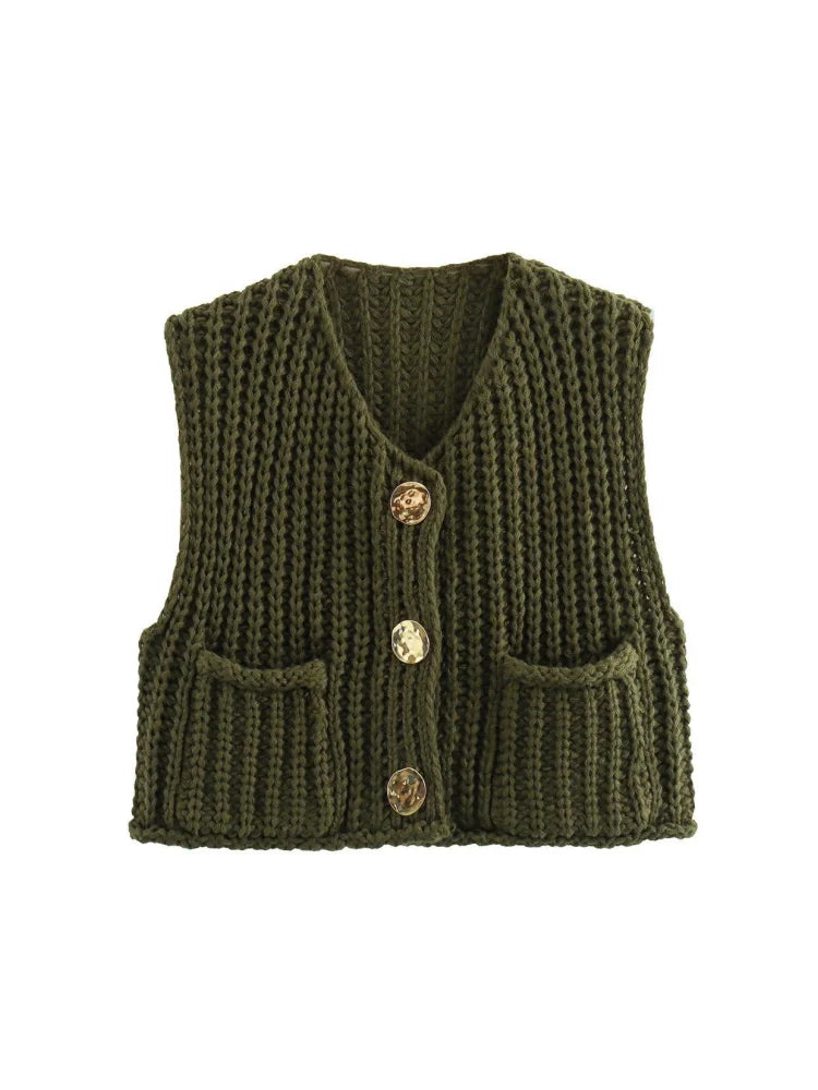 Fashion Green Round Neck Knitted Vest For Women Chic Sleeveless Button Pocket Cardigan 2024 Autumn Female Commuting Streetwear