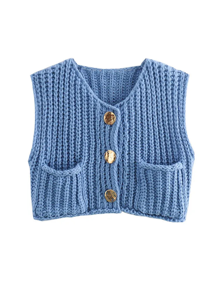 Fashion Green Round Neck Knitted Vest For Women Chic Sleeveless Button Pocket Cardigan 2024 Autumn Female Commuting Streetwear