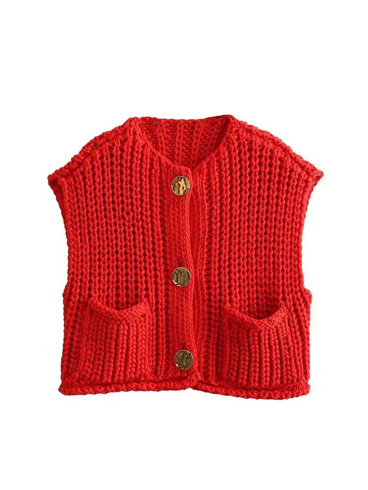 Fashion Green Round Neck Knitted Vest For Women Chic Sleeveless Button Pocket Cardigan 2024 Autumn Female Commuting Streetwear