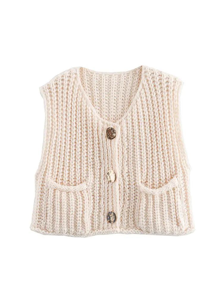 Fashion Green Round Neck Knitted Vest For Women Chic Sleeveless Button Pocket Cardigan 2024 Autumn Female Commuting Streetwear