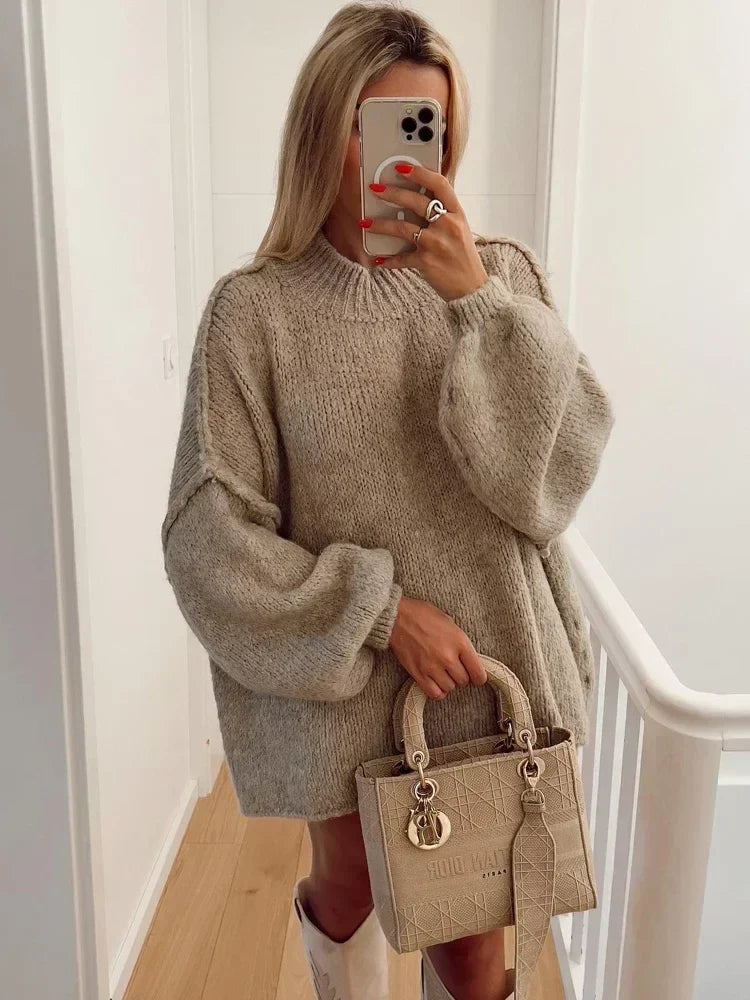 Fashion Round Neck Knitted Jumper For Women 2024 Autumn Long Lantern Sleeve Sweater Female Hight Street Warm Lady Chic Pullover