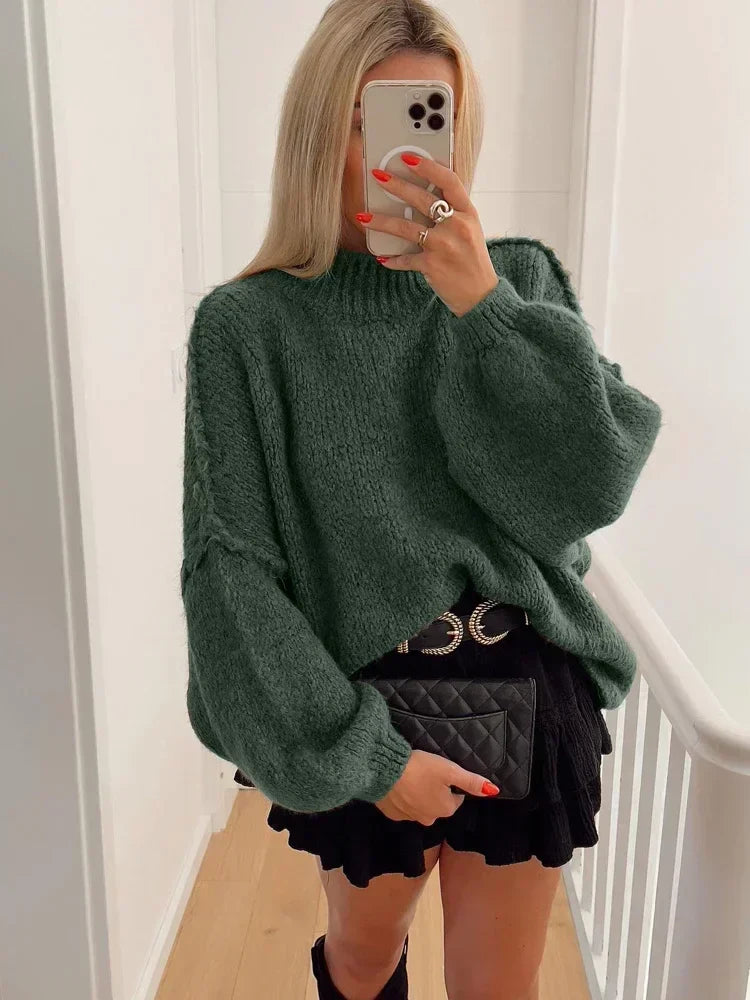 Fashion Round Neck Knitted Jumper For Women 2024 Autumn Long Lantern Sleeve Sweater Female Hight Street Warm Lady Chic Pullover