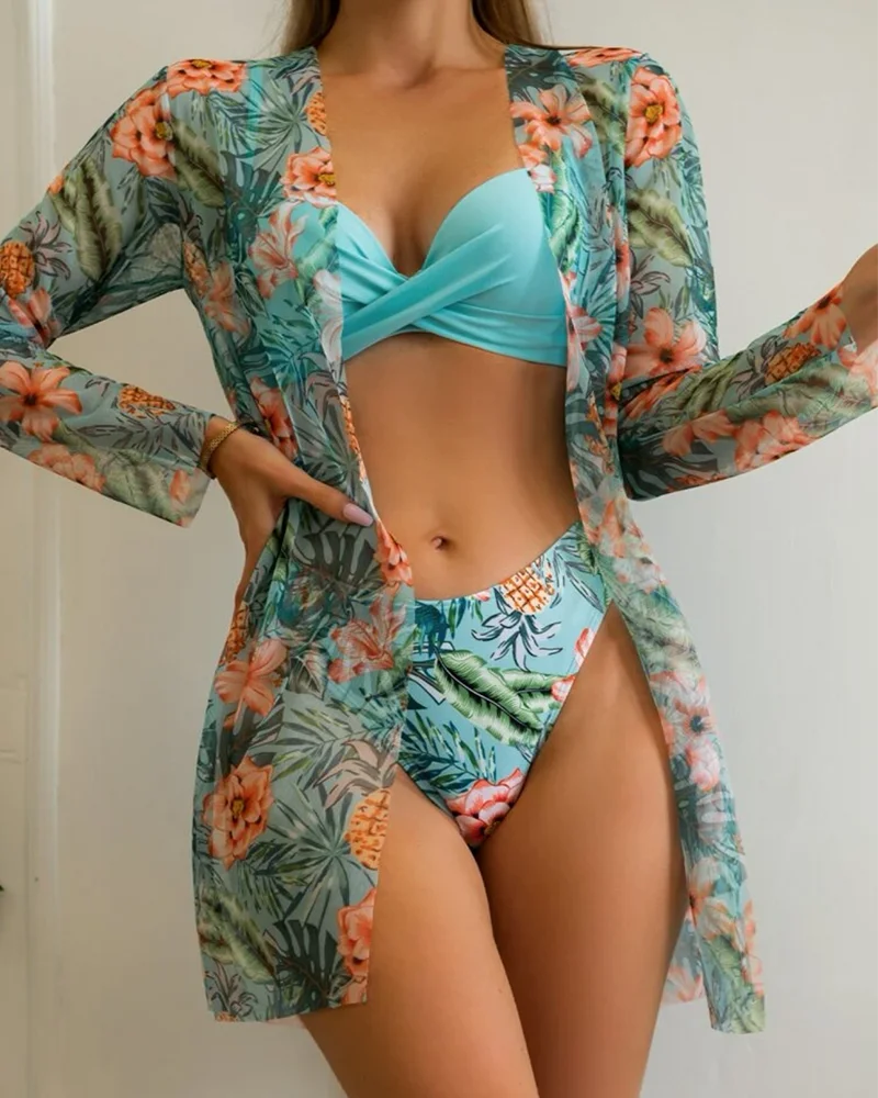 Floral Print Bikini Set Women Low Waist Twist Swimsuit Long Sleeve Cover Up Three Pieces 2024 Summer Beach Bathing Suit Swimwear