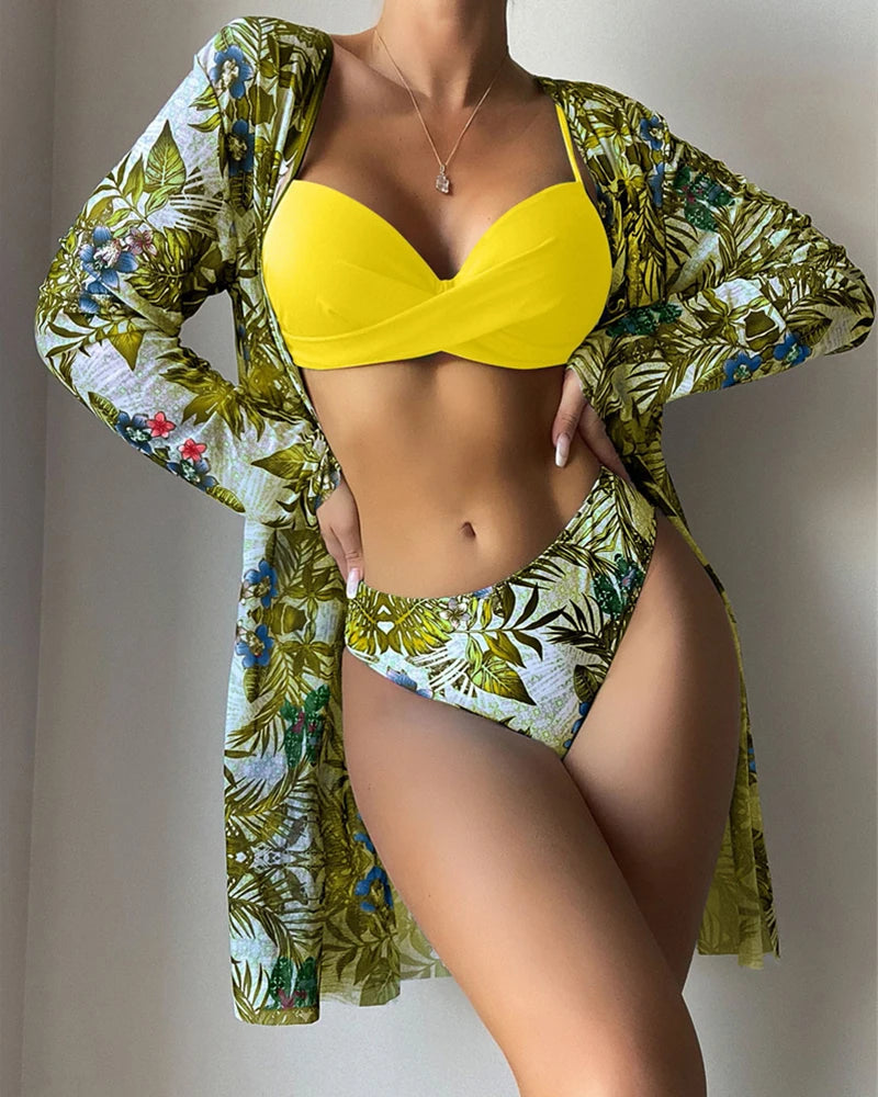 Floral Print Bikini Set Women Low Waist Twist Swimsuit Long Sleeve Cover Up Three Pieces 2024 Summer Beach Bathing Suit Swimwear