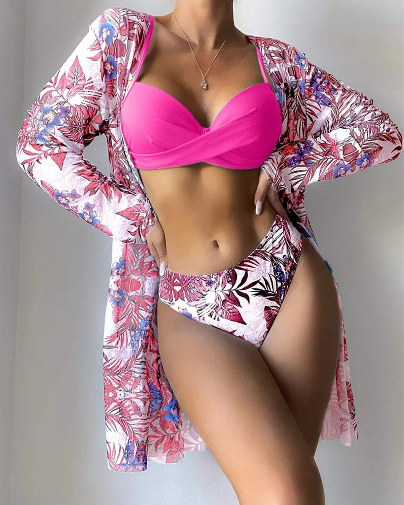 Floral Print Bikini Set Women Low Waist Twist Swimsuit Long Sleeve Cover Up Three Pieces 2024 Summer Beach Bathing Suit Swimwear