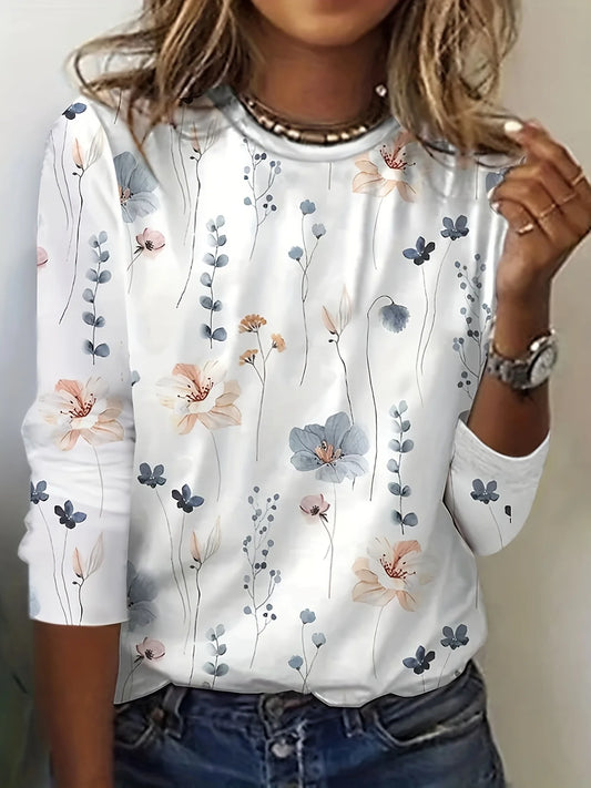 Floral Print Crew Neck T-Shirt, Casual Long Sleeve Top For Spring & Fall, Women's Clothing