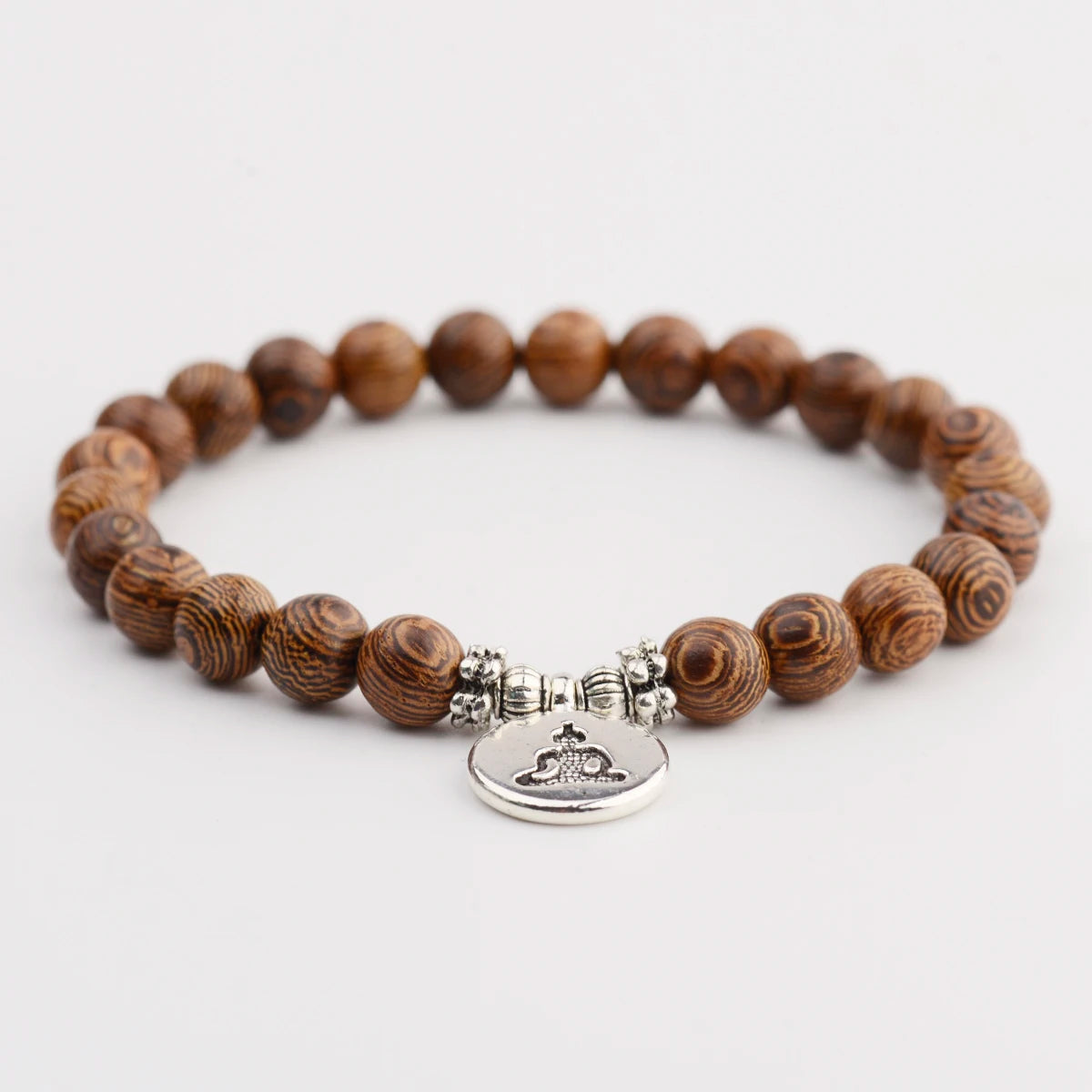 New Classic Natural Wood Beads Bracelets For Women Meditation Prayer Sliver Om Pendant Bracelet Men Wooden Yoga Jewelry
