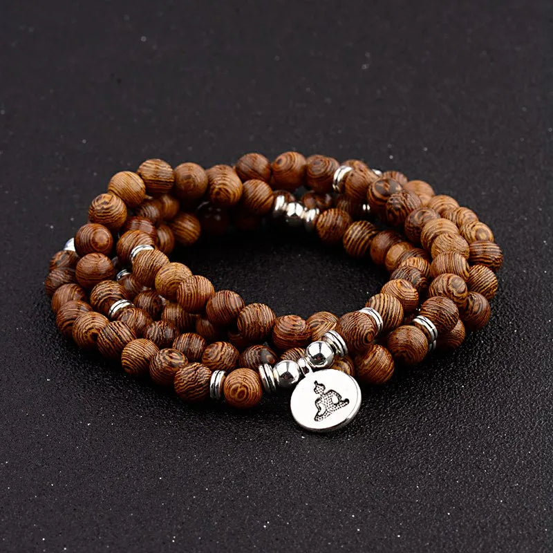 Multilayer Wood Beads Buddha Lotus OM Bracelet Tibetan Buddhist Mala Charm Rosary Bracelet Yoga Wooden For Women Men Jewelry
