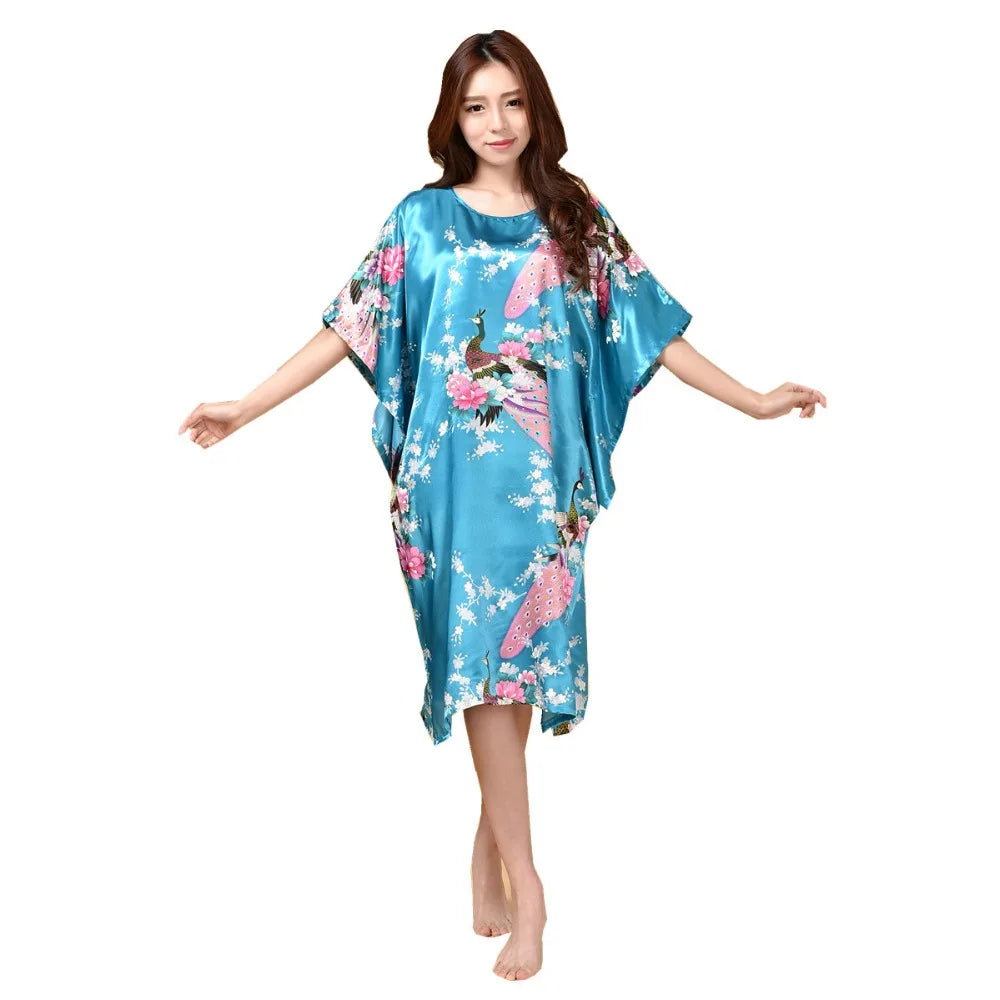 Sexy Female Silk Rayon Robe Bath Gown Nightgown Summer Casual Home Dress Printed Loose Sleepwear Plus Size Nightwear Bathrobe