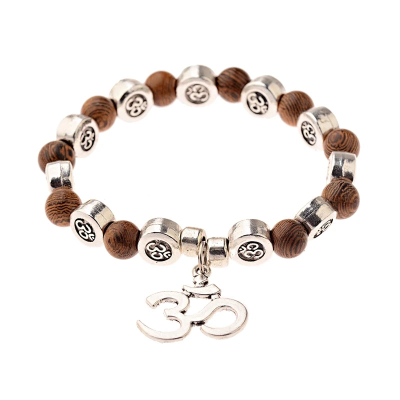 New Classic Natural Wood Beads Bracelets For Women Meditation Prayer Sliver Om Pendant Bracelet Men Wooden Yoga Jewelry