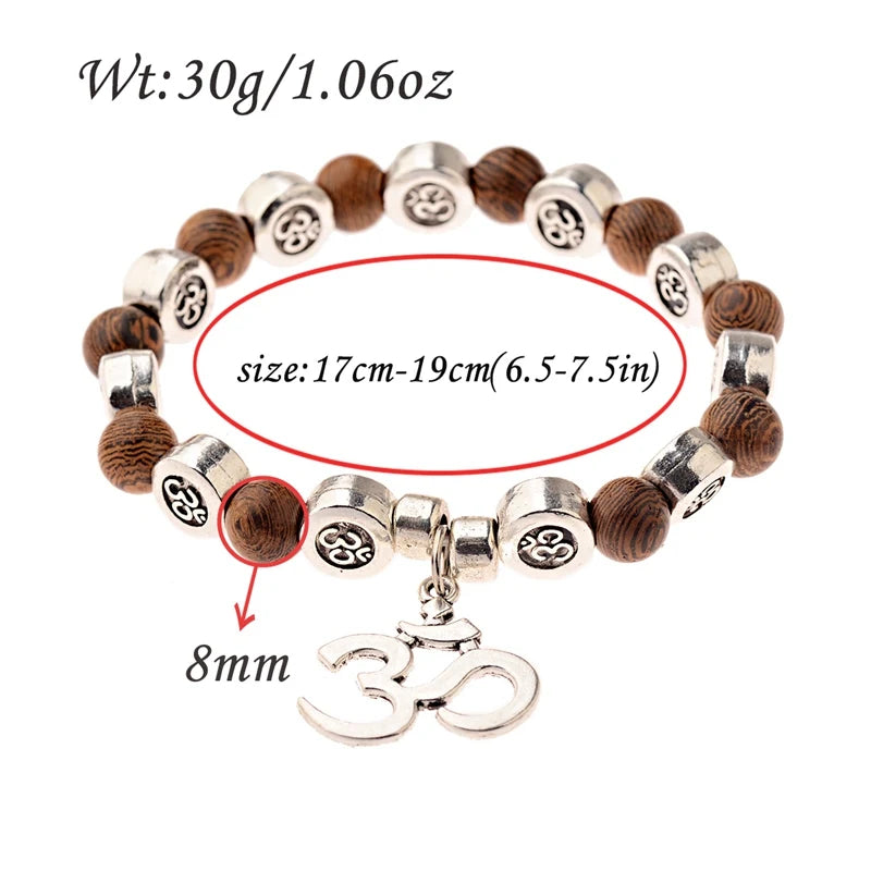 New Classic Natural Wood Beads Bracelets For Women Meditation Prayer Sliver Om Pendant Bracelet Men Wooden Yoga Jewelry
