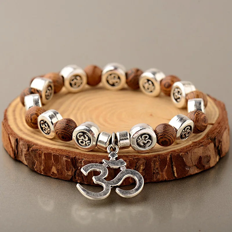 New Classic Natural Wood Beads Bracelets For Women Meditation Prayer Sliver Om Pendant Bracelet Men Wooden Yoga Jewelry