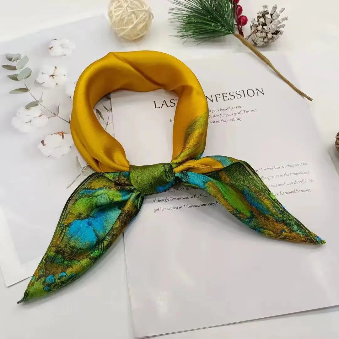 2025 New 100% Pure Silk Scarf Women Neck Hair Foulard Bandana Square Small Headband Hijab Print Poncho Scarves Pashmina