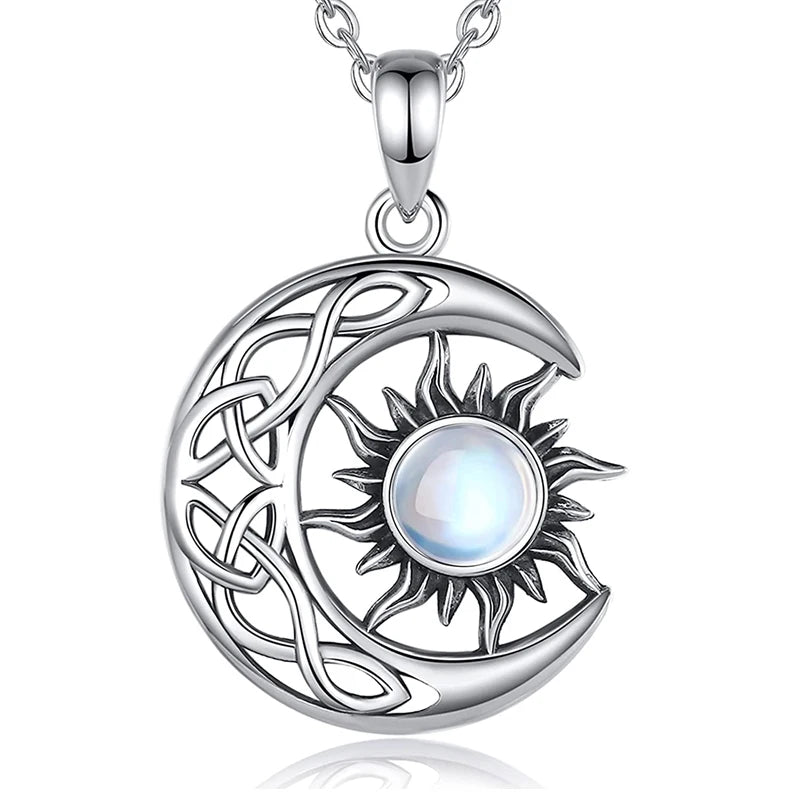 Huitan Aesthetic Sun and Moon Design Women's Pendant Necklace with Imitation Opal Stone Boho Style Beach Vocation Jewelry Gift