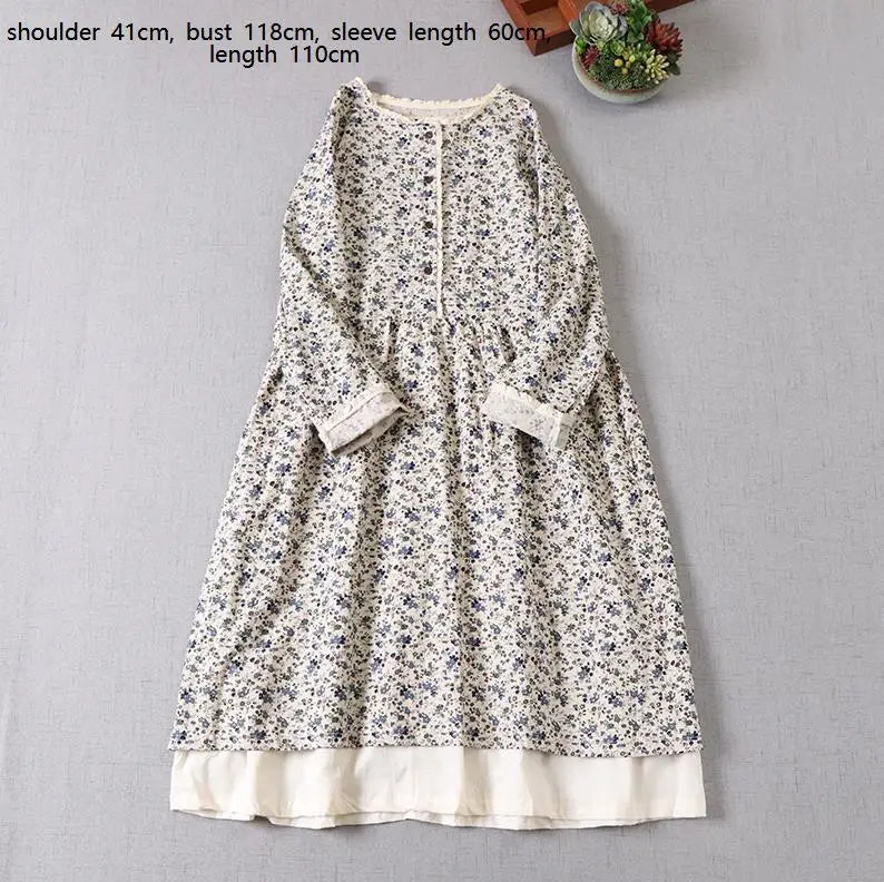 Japanese Mori Girl Art Print Dress Pretty Cotton Linen Spring Women New Floral Dress Loose Long-sleeved Dress Midi Dress