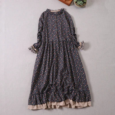 Japanese Mori Girl Art Print Dress Pretty Cotton Linen Spring Women New Floral Dress Loose Long-sleeved Dress Midi Dress