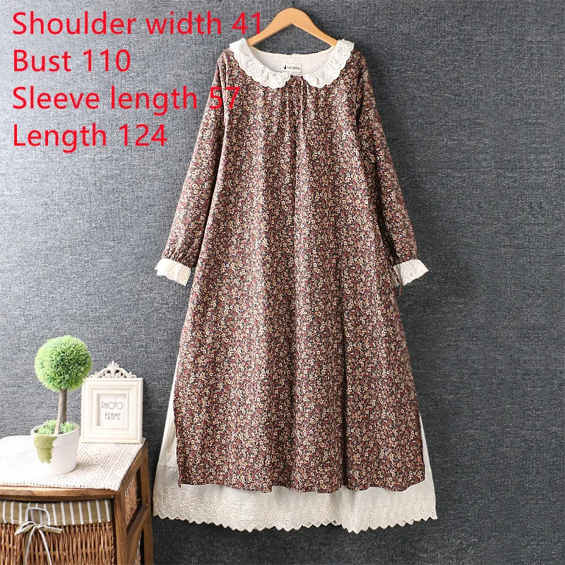 Japanese Mori Girl Art Print Dress Pretty Cotton Linen Spring Women New Floral Dress Loose Long-sleeved Dress Midi Dress