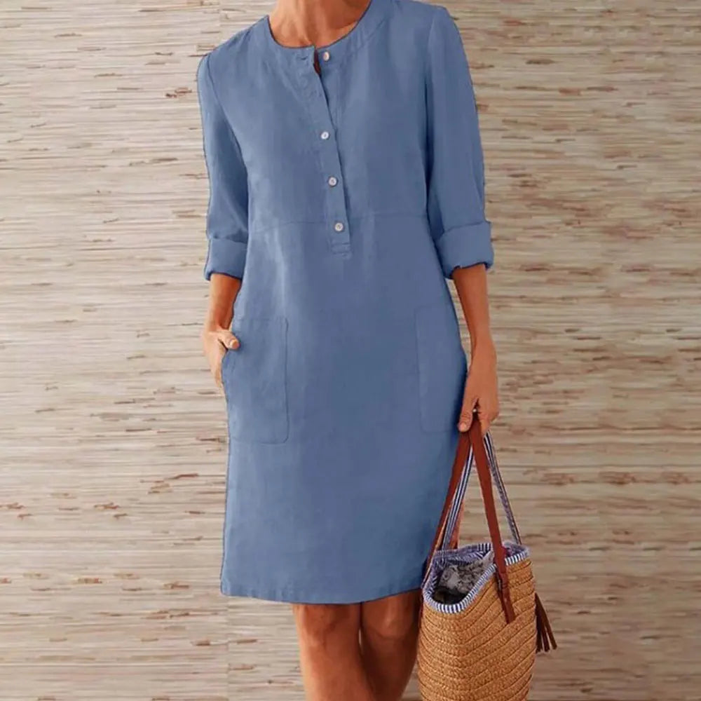 Women Casual Soild Long Sleeve Cotton and Linen Tunic Dress Vintage Straight Dress Long Sleeve Oversized Mini Dress
