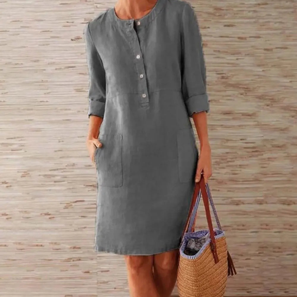 Women Casual Soild Long Sleeve Cotton and Linen Tunic Dress Vintage Straight Dress Long Sleeve Oversized Mini Dress