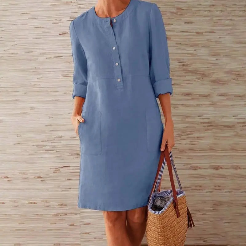 Women Casual Soild Long Sleeve Cotton and Linen Tunic Dress Vintage Straight Dress Long Sleeve Oversized Mini Dress