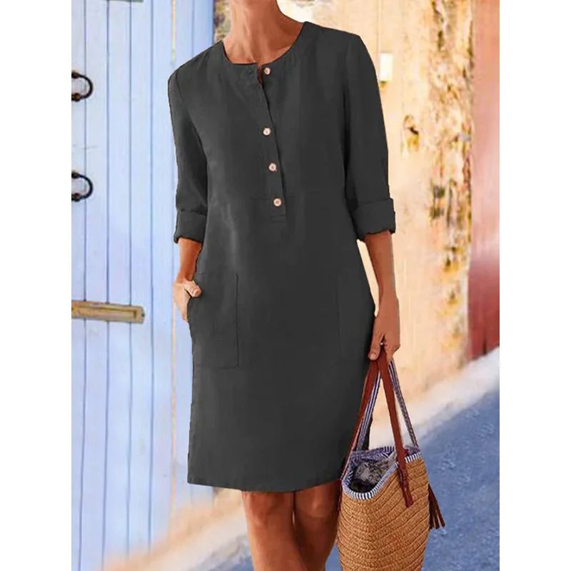 Women Casual Soild Long Sleeve Cotton and Linen Tunic Dress Vintage Straight Dress Long Sleeve Oversized Mini Dress