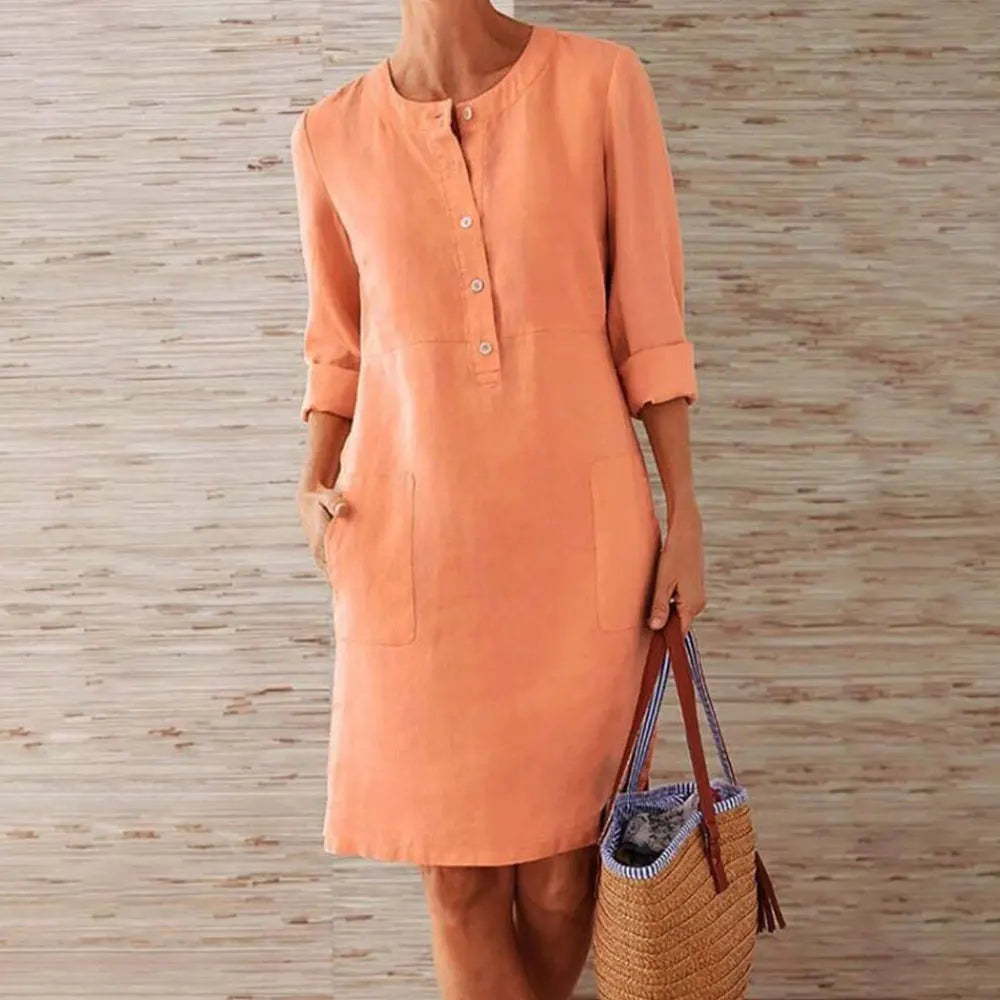 Women Casual Soild Long Sleeve Cotton and Linen Tunic Dress Vintage Straight Dress Long Sleeve Oversized Mini Dress