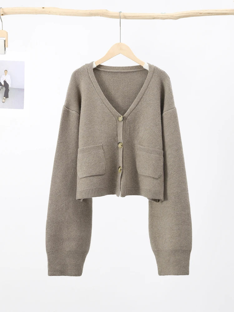 Knit Cardigan Women Autumn Gentle Solid Long Sleeve Single Breasted Female Sweaters V-neek Pocket All Match Lady Knitwear 2024