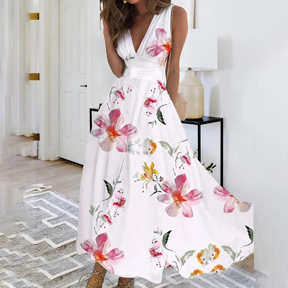 L XL Floral Summer Dress for Women Clothing 2024 Bohemian Loose Beach Sundress Midi Skirt Female Holiday Maxi Dress Vestido Robe