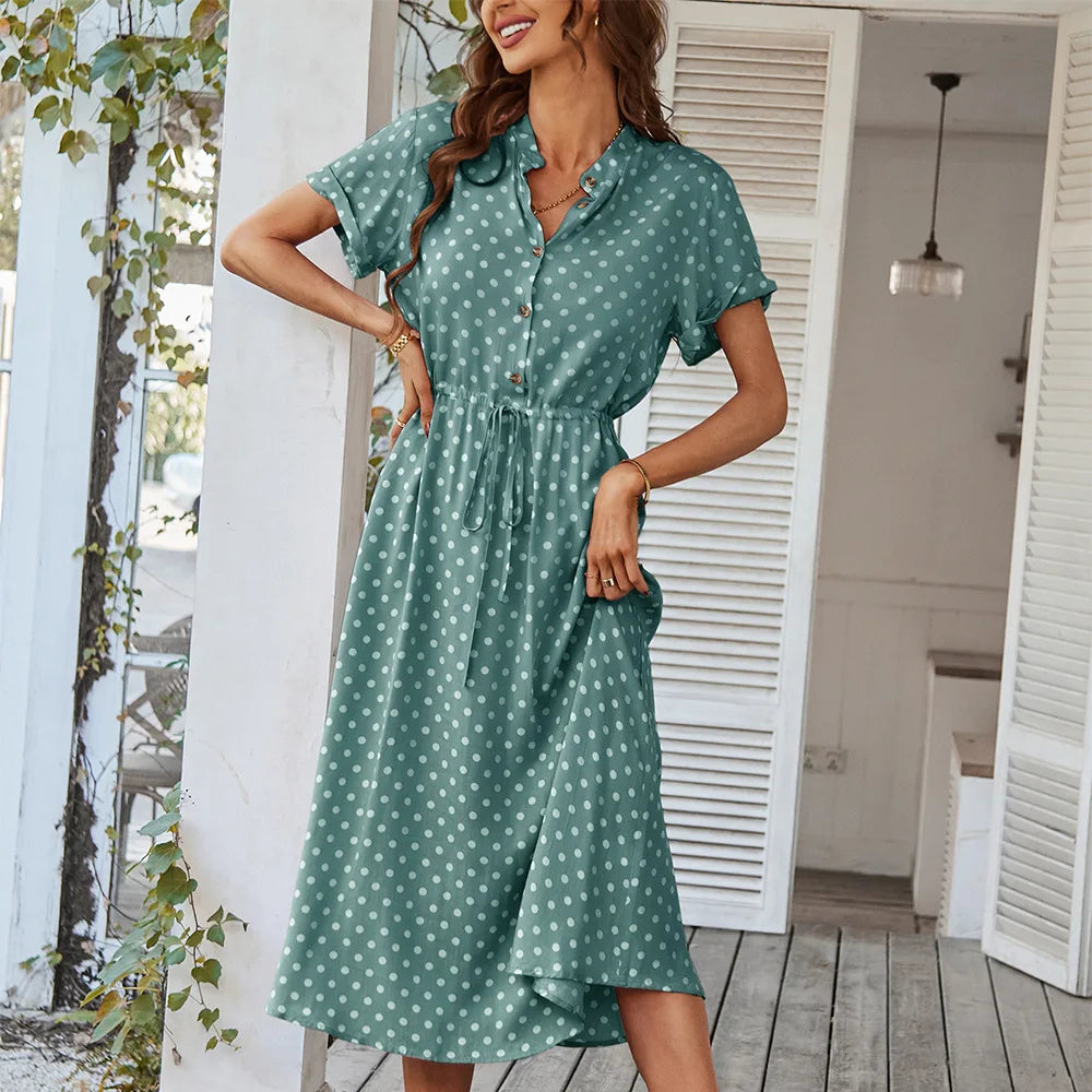 Ladies Polka Dot Print Shirt Dress Women Casual Midi Holiday Summer Dress Female Loose Women Beach Dress Sundress Robe Vestidos