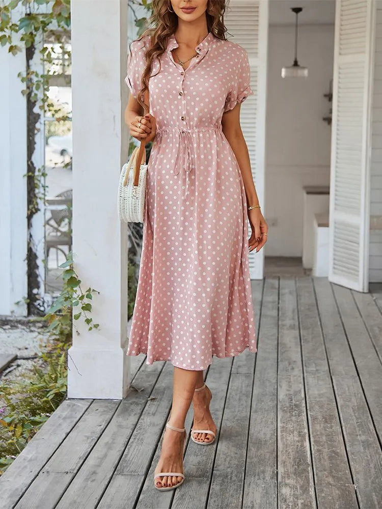 Ladies Polka Dot Print Shirt Dress Women Casual Midi Holiday Summer Dress Female Loose Women Beach Dress Sundress Robe Vestidos