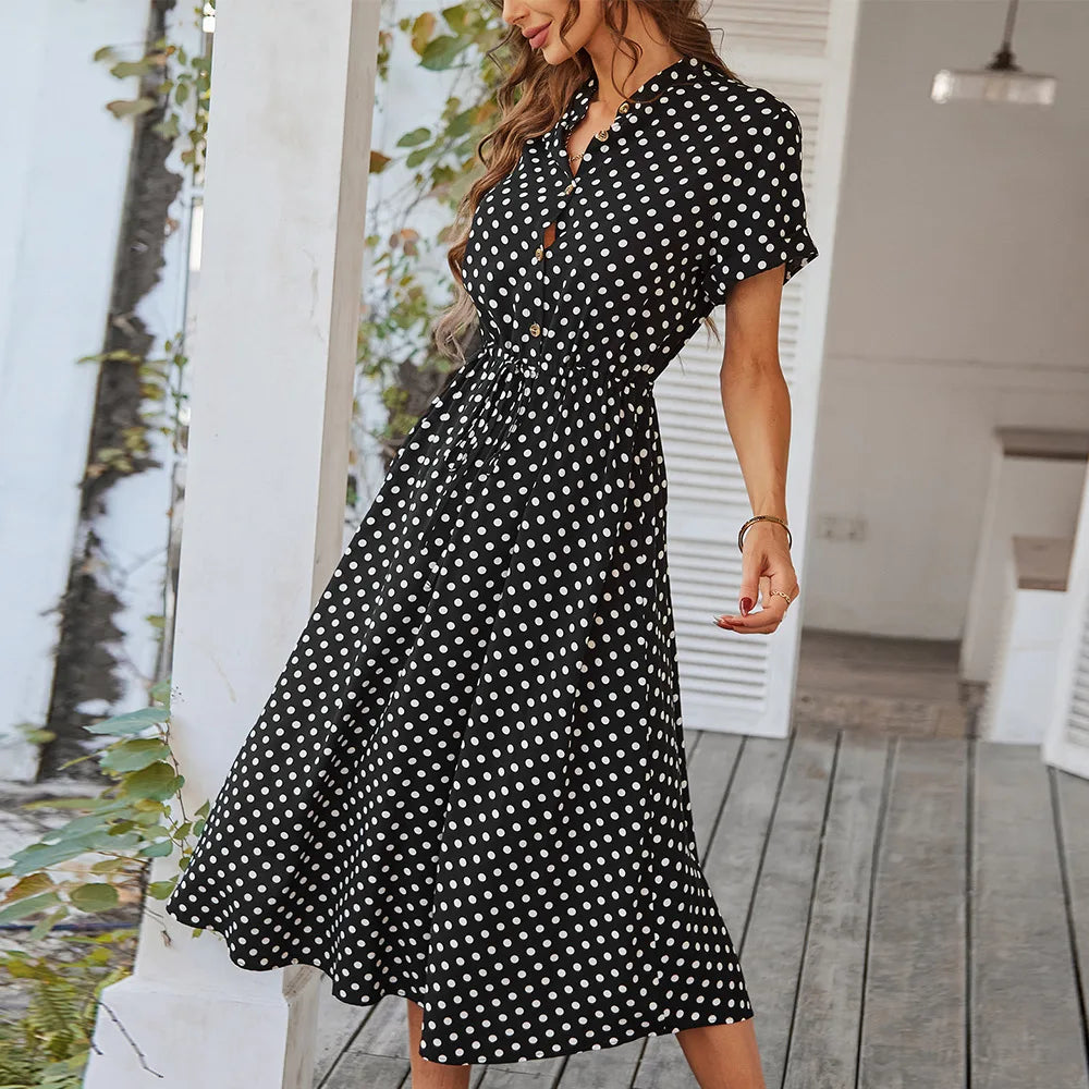 Ladies Polka Dot Print Shirt Dress Women Casual Midi Holiday Summer Dress Female Loose Women Beach Dress Sundress Robe Vestidos