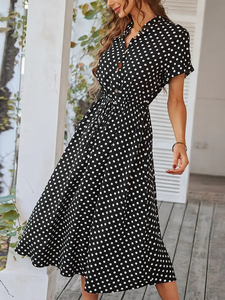 Ladies Polka Dot Print Shirt Dress Women Casual Midi Holiday Summer Dress Female Loose Women Beach Dress Sundress Robe Vestidos