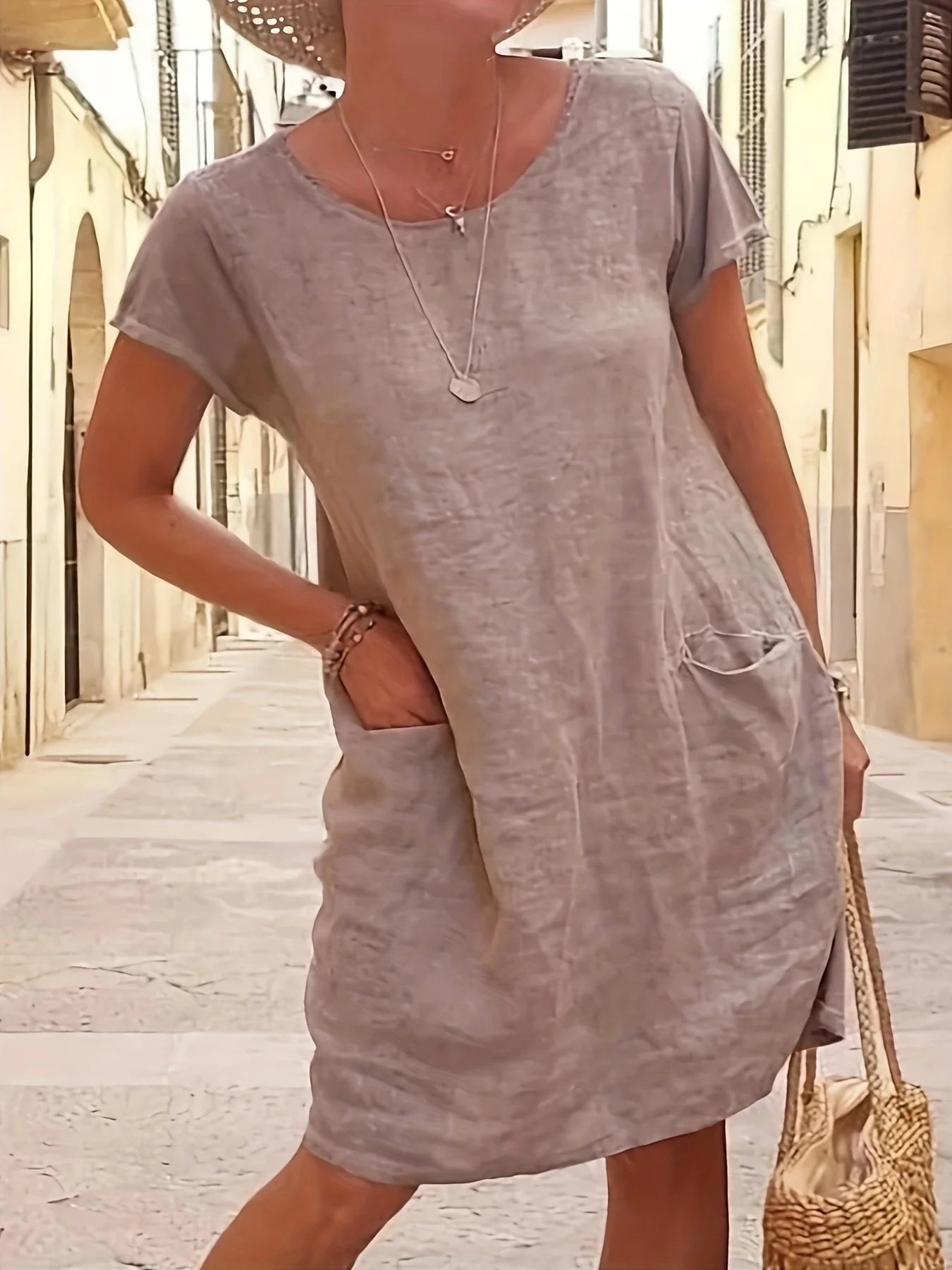 Loose Pure Color Pocket Short Sleeve Round Neck Cotton Linen Dress