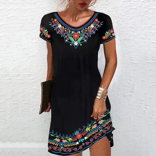 M-3XL Vintage Elegant Ethnic Dress for Women 2023 Summer Loose Bohemian Beach Midi Dress Casual Female Clothing Pullover Skirt
