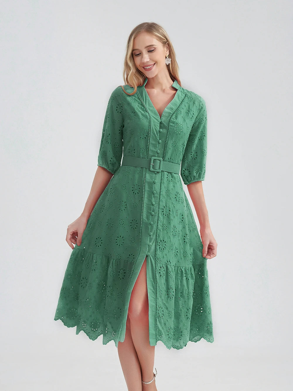 Marwin Cotton Hollow Out Summer Dress Women Holiday Perppy Casual High Waist Ruffled Mini V-Neck Dresses A-line Frills Vestido