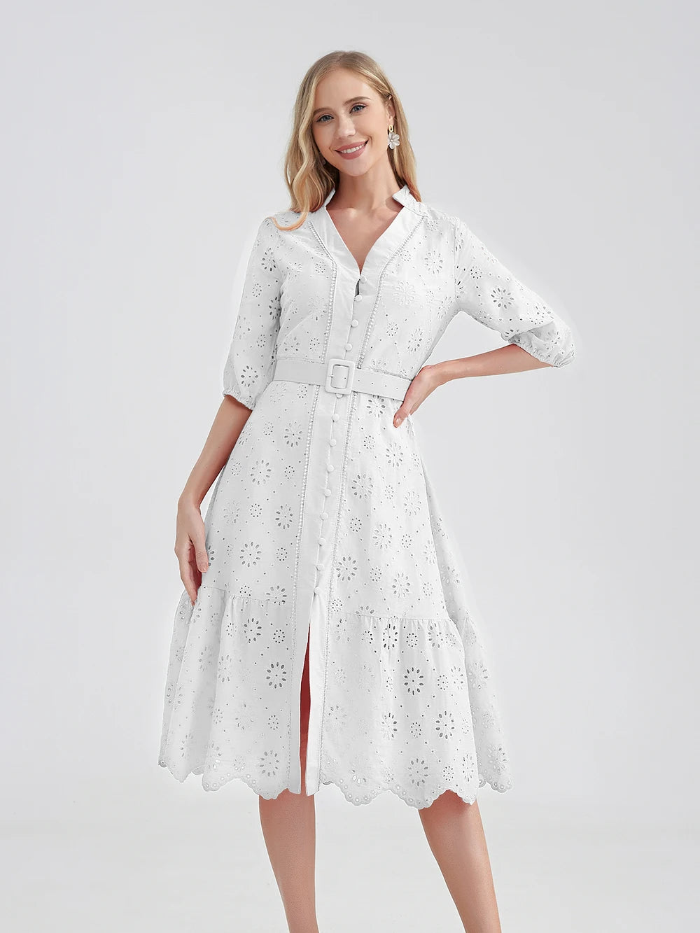 Marwin Cotton Hollow Out Summer Dress Women Holiday Perppy Casual High Waist Ruffled Mini V-Neck Dresses A-line Frills Vestido