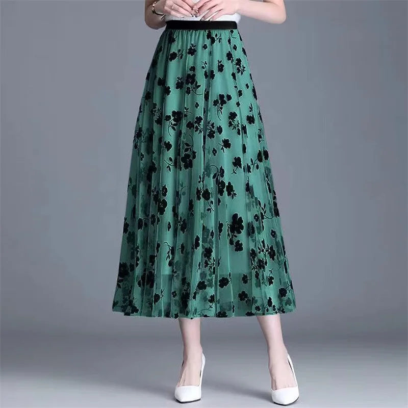 Mesh Floral Skirt For Women 2023 Autumn Winter Lace Flocking Fashion Big Swing Elastic High Waisted Elegant Mujer Party A-Line