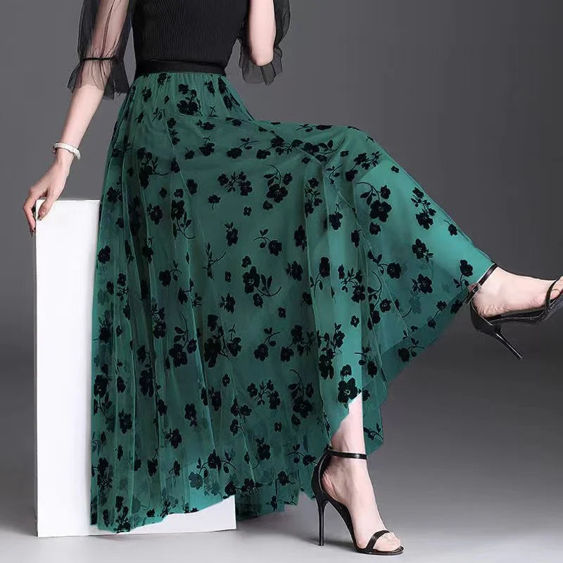 Mesh Floral Skirt For Women 2023 Autumn Winter Lace Flocking Fashion Big Swing Elastic High Waisted Elegant Mujer Party A-Line