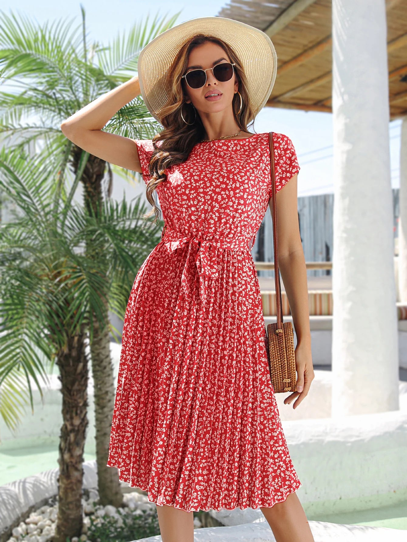 Msfilia Summer Print Pleated A Line Long Dress Women Short Sleeve High Waist Spring Round Neck Chic Dress with Belt