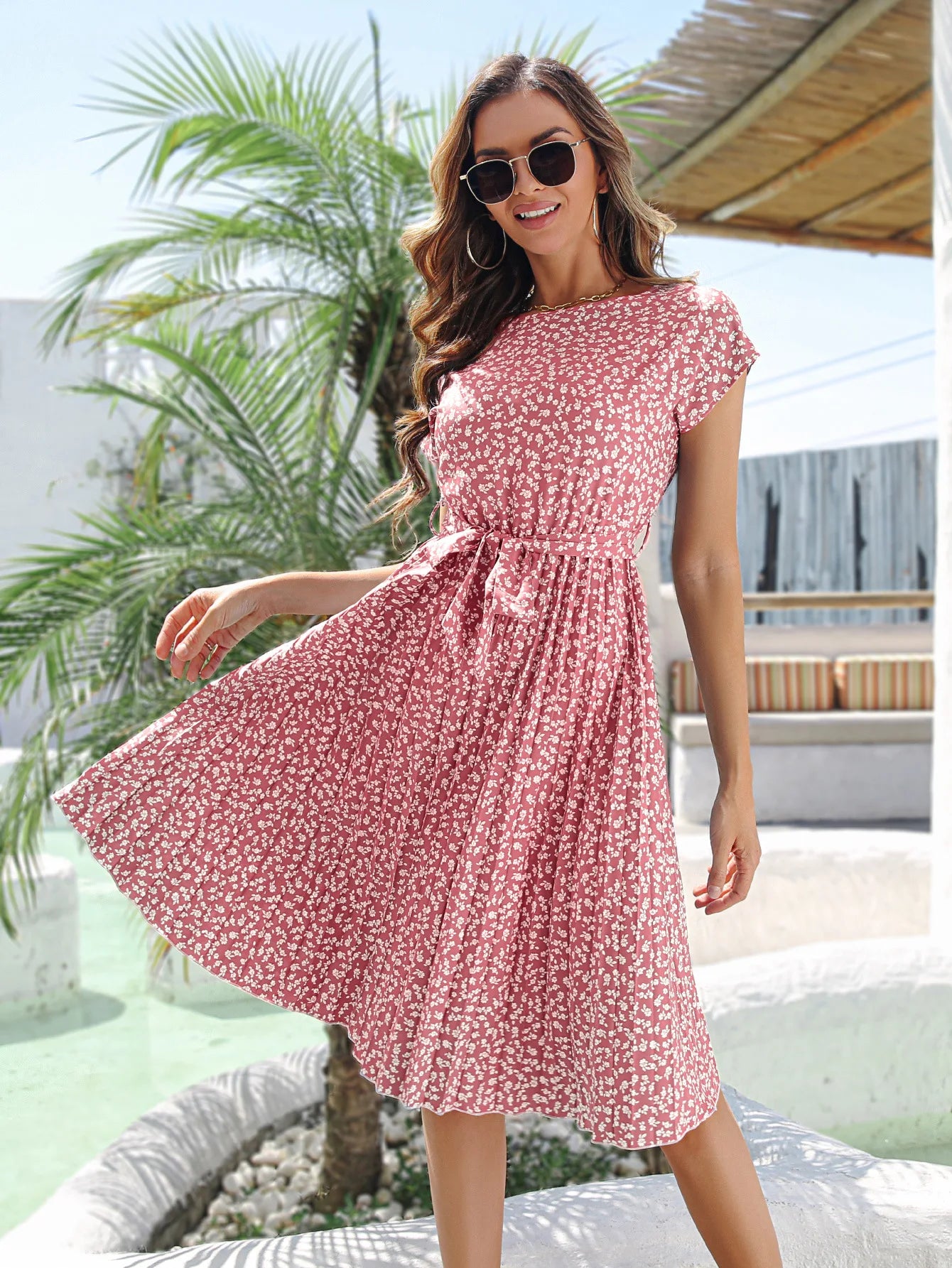 Msfilia Summer Print Pleated A Line Long Dress Women Short Sleeve High Waist Spring Round Neck Chic Dress with Belt